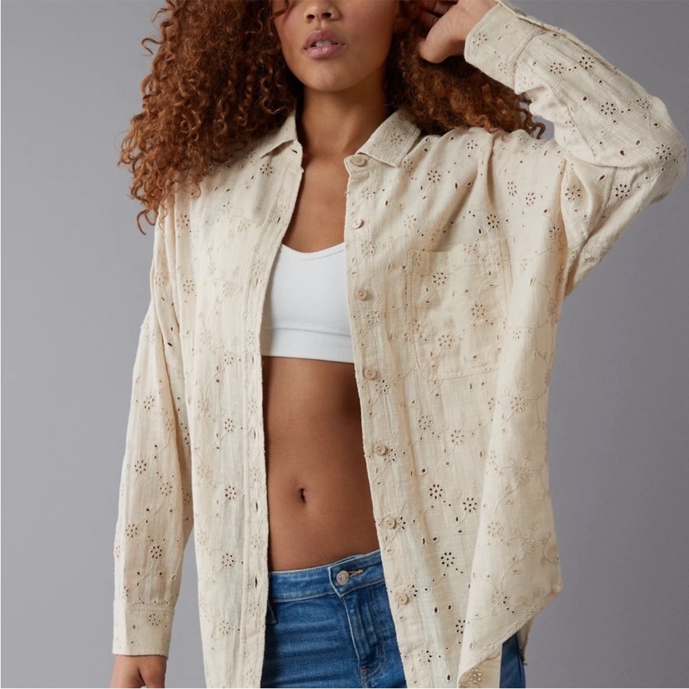 AE Go Big Oversized Eyelet Embroidered Shirt